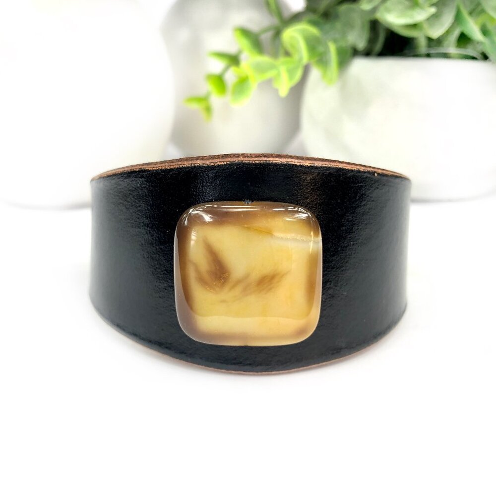 MishaGirl Handmade Black Leather Cuff Bracelet Adjustable Stone Bead Minimalist